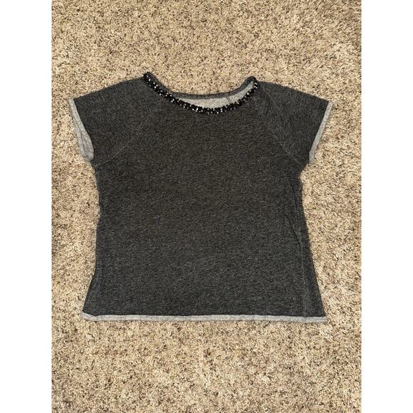 LOFT Gray French Terry Short Sleeve Top Small Beaded Embellished Neckline - Picture 1 of 8